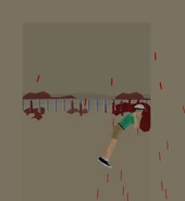 Irresponsible Dad impaled into the spikes above the elevator.