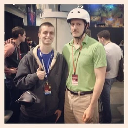 Jim dressed as Irresponsible Dad with a fan.