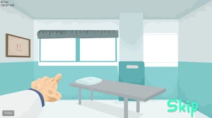 The doctor points to the bed.