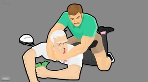 Dad suffocating Doc before he grabs the $1000.