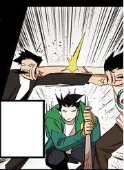 Taek and Yopy comically punching each other during their 8th consecutive loss to Akira (Season 2 Episode 85).jpg