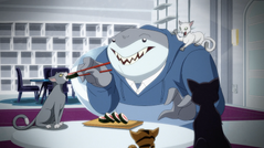 King Shark caring for Catwoman's cats