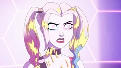 Harley's eyes become plain white with her irises removed.