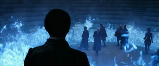 Abernathy, Nagel, Krafft and Carrow in the circle while Darkness strides around them and her master and the Dragon Lord stands silent