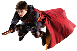Harry Potter riding his Firebolt wearing his Quidditch gear