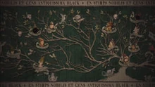 Wandtapijt met de Zwarts stamboom. Bij de stam staat  en aan de linkerkant zijn nog meer voorouders van de familie weergegeven.