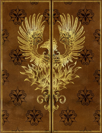 Nicolas Flamel's phoenix-embossed book