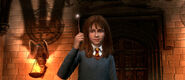 Hermione Granger with her wand at the ready