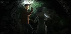 Harry Potter and Professor Dumbledore inside the cave (HBP videogame)