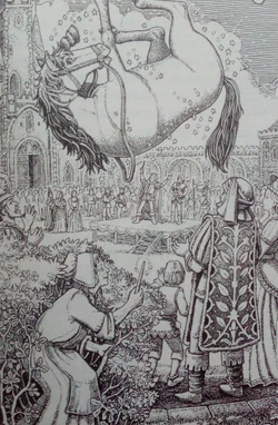  fait léviter un cheval à la place du roi stupide.