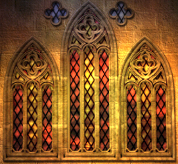 Three red-and-gold stained glass windows overlooking the Entrance Hall.