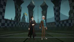 Player and Harry on the Quidditch pitch MA