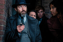 Eulalie Hicks Albus Dumbledore Newton Scamander and Jakob Kowalski in Germany