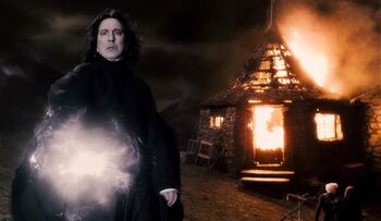 Snape with Hagrid's hut burning HBP