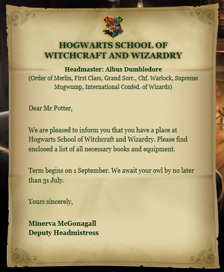 Hogwarts acceptance letter, Harry Potter Wiki