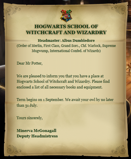 Just recieved my Hogwarts acceptance letter! : r/harrypotter