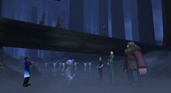 Jacob's sibling and Mooncalf from the Magical Creatures Reserve dancing in front of Forbidden Forest Mooncalves
