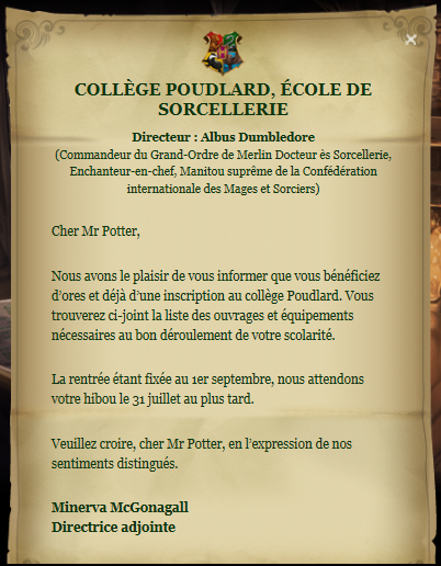 Concevez pour vous une réplique exacte de la lettre de harry potter, écrite  à votre nom.