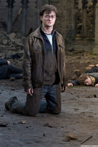 Harry Potter in the courtyard during the Battle of Hogwarts
