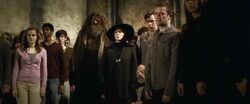 Cho and others standing at the base of the Astronomy Tower after Dumbledore's death
