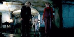 Dobby rescuing Garrick Ollivander and Luna Lovegood from Malfoy Manor DHF1