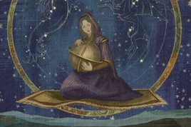 Woman on carpet tapestry