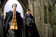 Hufflepuff winter uniform on left