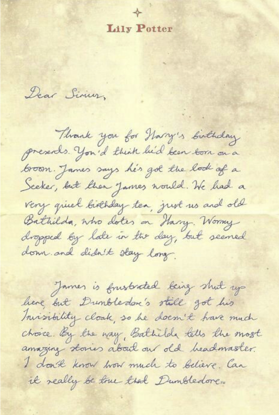 Lily J. Potter's letter to Sirius Black, Harry Potter Wiki