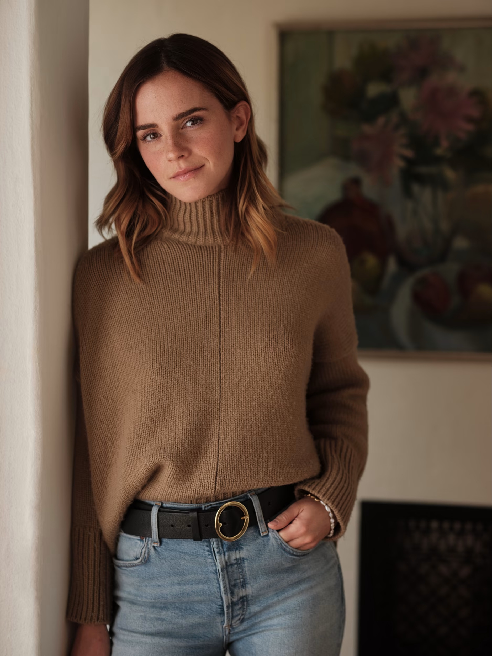 Emma Watson rocks a white sweatshirt and black leggings while