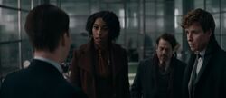 Eulalie Hicks, Newt Scamander and Jacob Kowalski talk to a German Ministry official SOD