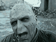 Pozbawione duszy ciało Voldemorta rozpada się na wiele unoszących się w powietrze kawałków, na jego twarzy w ostatnich chwilach widać panikę