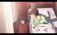 Kyon notices Haruhi sleeping next to him in a hospital