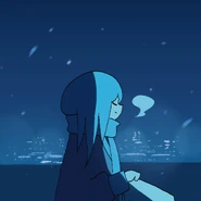 A drawing of Blue Girl wearing winter clothes.[5]