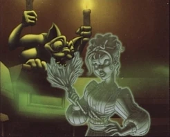 A gargoyle ogling a ghostly maid