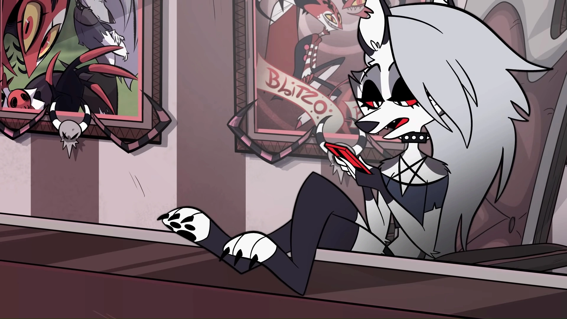 Screenshot from the pilot episode of Helluva Boss, showing Loona apathetically tapping away on her smartphone during a staff meeting.