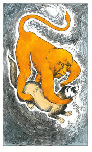 Marisa's dæmon fights with Pantalaimon