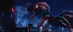 A giant tarantula attacks a trailer.