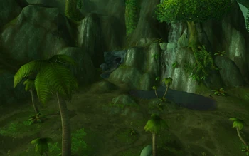 The crater is bathed in an eternal green hue, as the sunlight filters down through the dense greenery of the zone's massive plant life