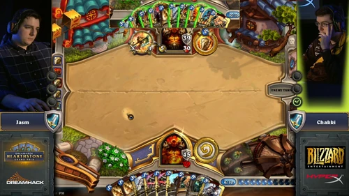 Control Warrior mirror matches are some of the slowest and most protracted in all of Hearthstone. Note the high Armor and Health totals, the full hands, and the almost exhausted decks. Such matches are often decided through  damage.