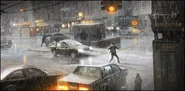 Concept art of a chase through one of the City's streets by François Baranger