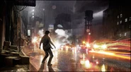 Concept art of Ethan standing in one of the City's streets by François Baranger