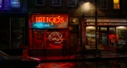 Concept art of a tattoo shop in the City by Benoit Godde