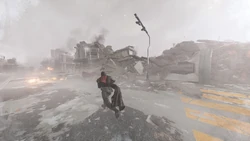 A Helldiver advances through the ruined streets of an urban settlement conquered by the Automatons. October 2nd, 2185.