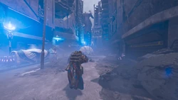 A Helldiver advances through the alleyways of Ungu