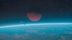 A  shuttle flies back to its  Squadron, awaiting in orbit over Tarsh