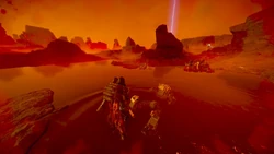 A wounded Helldiver contemplates an odd pond on K's surface after battling against the Automatons. December 4th, 2185.