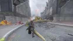 A Helldiver registers the corpse of a recently deceased  in the streets of Llanfairpwllgwyngyllgogerychwyrndrobwllllantysiliogogogoch II