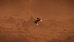 A frame of the flight of the Pelican shuttle, which captures the endless mountainous arid landscape of Menkent.