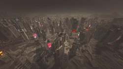 An aerial capture of a Zenith city block under attack by Automaton Forces, taken by a Helldiver moments before their death