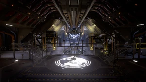 The hangar bay of a Super Destroyer with an Eagle fighter and a Pelican transport.